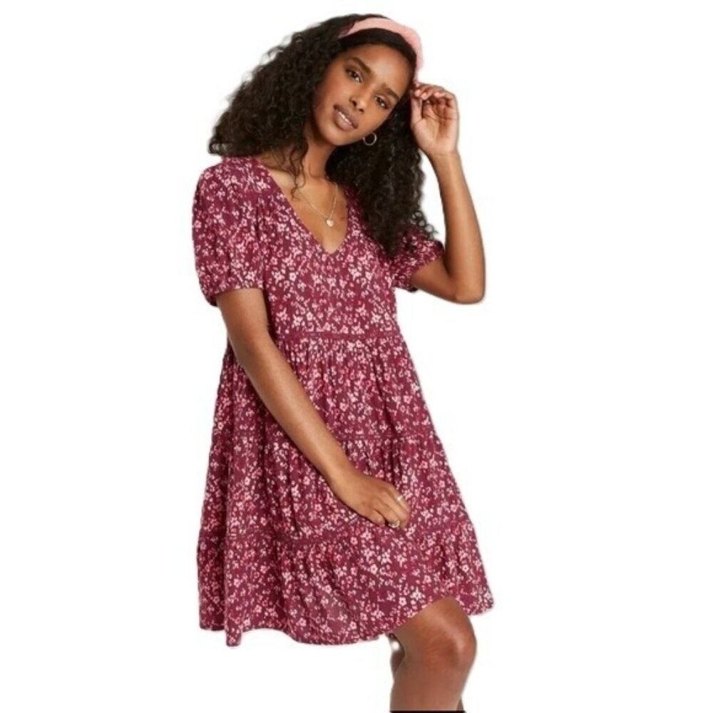 Wild Fable Purple & Pink Floral Flowy & Tiered Babydoll Summer Dress - Size XS - Picture 2 of 7